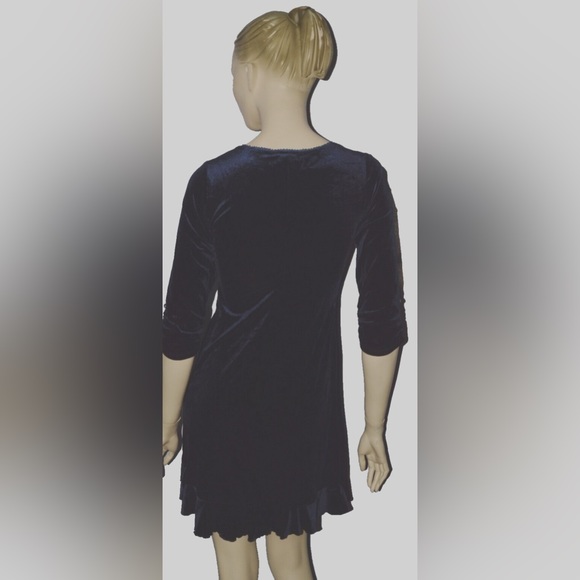 HYPE NEW BIG GIRLS SZ 12 NAVY BLUE V NECK VELVET RUCHED RUFFLES FANCY DRESS - Picture 4 of 6